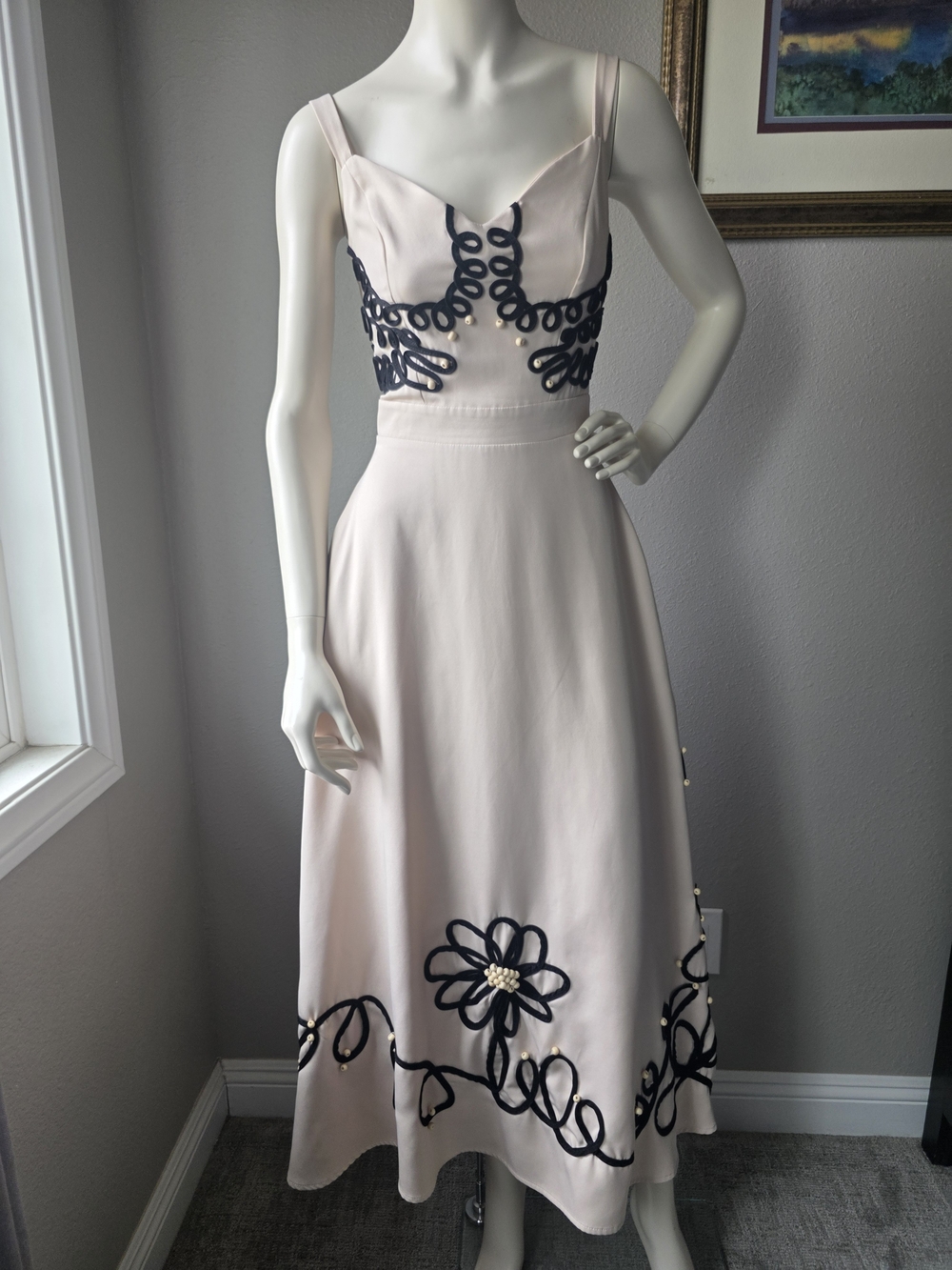 Beige Maxi Dress with Black Embroidered Accents